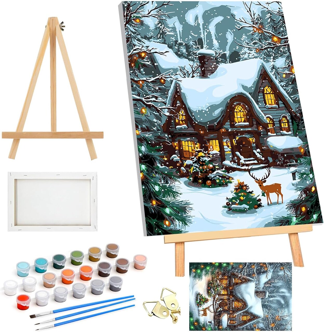 Framed Paint by Numbers Kit for Adults – Christmas Watercolor Painting Set with Wooden Frame & Easel, 7.8x11.8in DIY Canvas Art